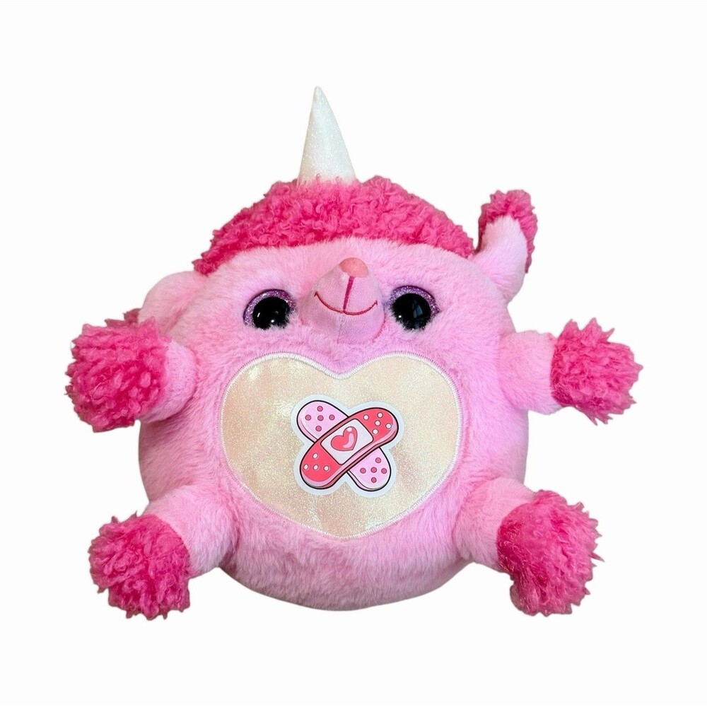 Pink Unicorn Plush Stuffed Animal Character with Horn & Heart Patch